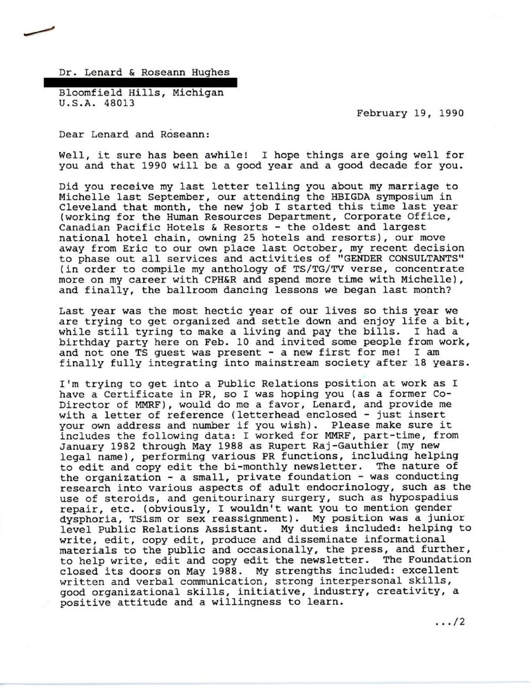 Download the full-sized PDF of Letter from Rupert Raj to Dr. Lenard and Roseann Hughes (February 19, 1990)
