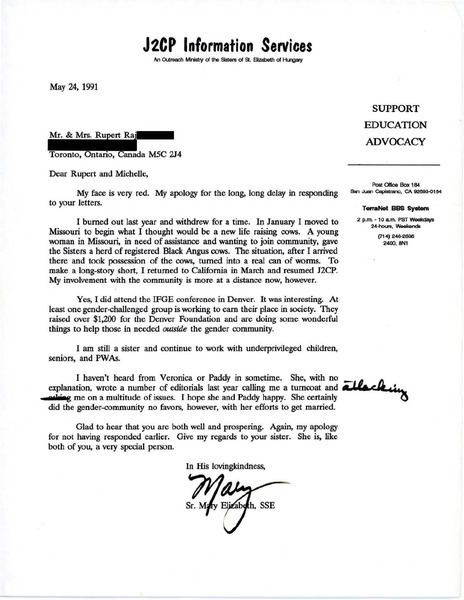 Download the full-sized image of Letter from Sister Mary Elizabeth to Rupert Raj and Michelle (May, 24 1994)