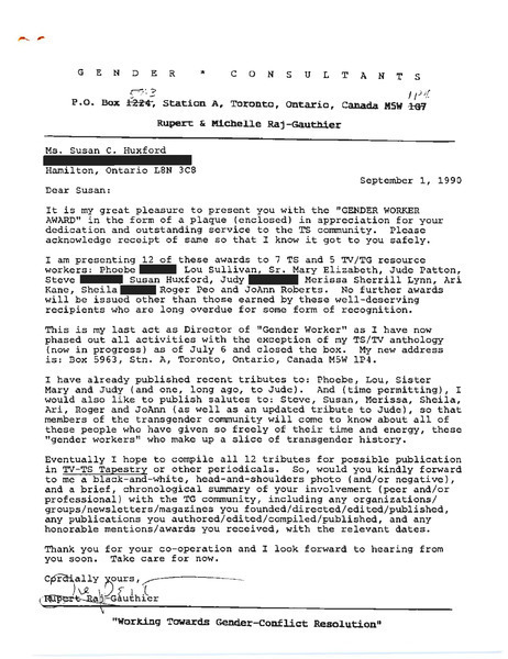 Download the full-sized image of Letter from Rupert Raj to Susan C. Huxford (September 1, 1990)