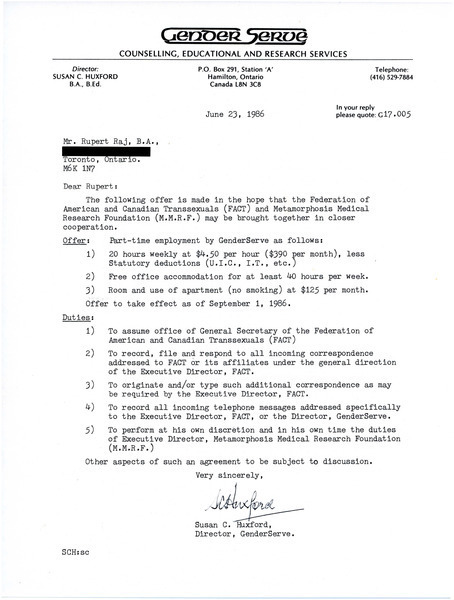 Download the full-sized image of Letter from Susan C. Huxford to Rupert Raj (June 23, 1986)