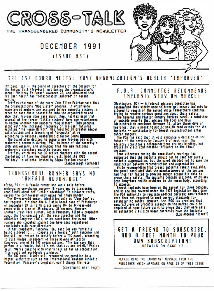 Download the full-sized PDF of Cross-Talk: The Gender Community’s News & Information Monthly No. 31 (December, 1991)