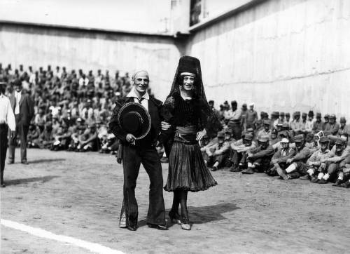 Download the full-sized image of Two male entertainers in Spanish costume (one in female dress), San Quentin Little Olympics Field Meet, 1930 