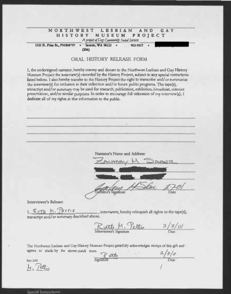 Download the full-sized PDF of NWLGHMP Oral History Project: Interview with Zachary Saber Transcript