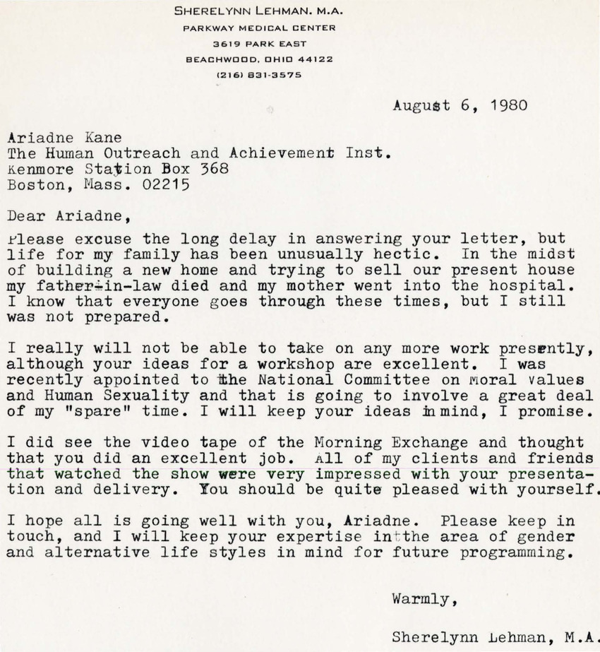 Download the full-sized PDF of Letter from Sherelynn Lehman to Ariadne Kane, August 6, 1980