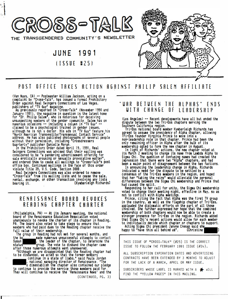 Download the full-sized PDF of Cross-Talk The Transgender Community News & Information Monthly, No. 25 (June, 1991)