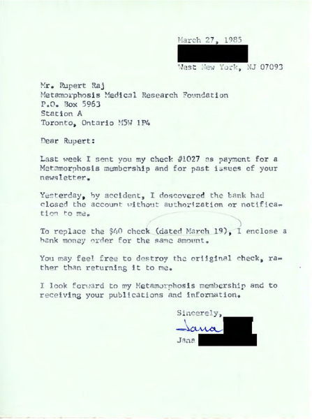 Download the full-sized image of Letter from Jana to Rupert Raj (March 27, 1985)