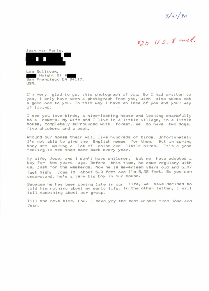 Download the full-sized PDF of Correspondence from Jean Van Aarle to Lou Sullivan (May 21, 1990)