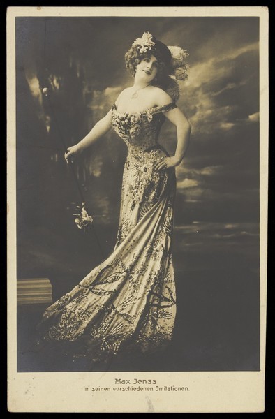 Download the full-sized image of Max Jenss, in drag. Photographic postcard, 191-.