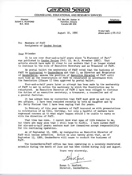 Download the full-sized image of Letter from Susan C. Huxford to FACT Members (August 18, 1986)