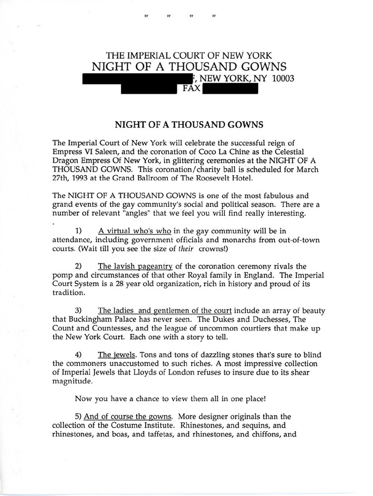 Download the full-sized PDF of Press Release for Night of a Thousand Gowns 1993