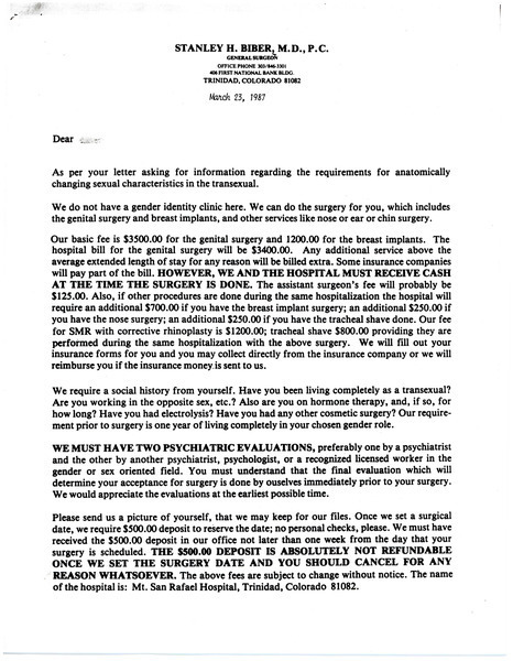 Download the full-sized image of Letter from Dr. Stanley H. Biber  (March 23, 1987)