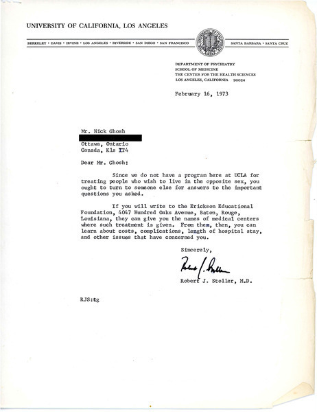 Letter from Robert J. Stoller to Rupert Raj (February 16, 1973 ...