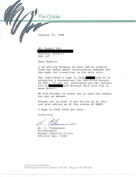 Download the full-sized image of Letter from L. Clemmensen to Rupert Raj (January 27, 1988)