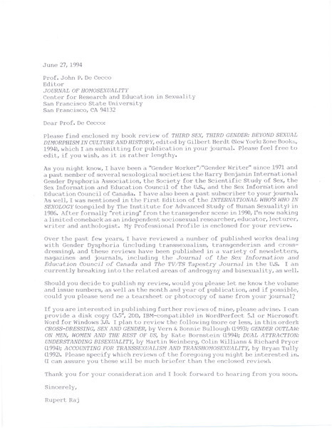 Download the full-sized image of Letter from Rupert Raj to Prof. John P. De Cecco (June 27, 1994)