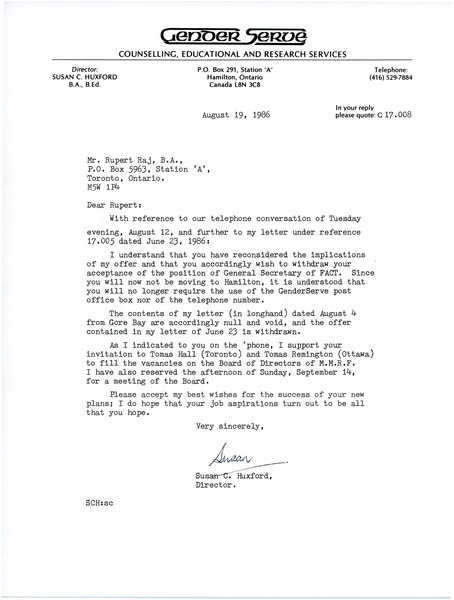 Download the full-sized image of Letter from Susan C. Huxford to Rupert Raj (August 19, 1986)