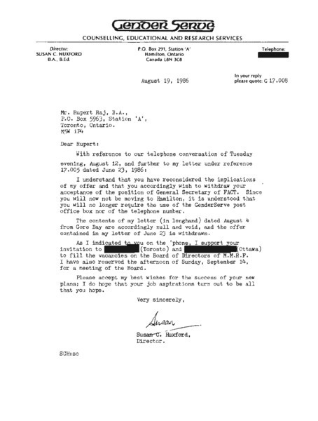 Download the full-sized image of Letter from Susan C. Huxford to Rupert Raj (August 19, 1986)