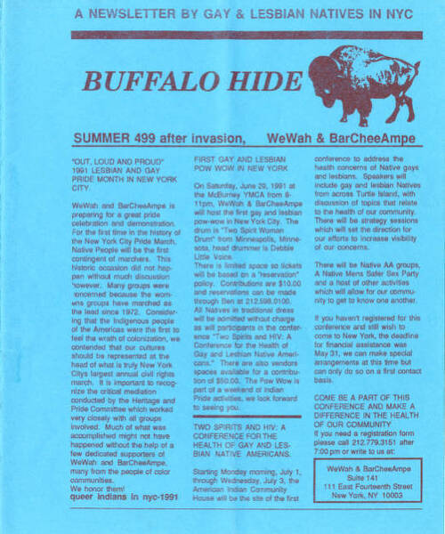Download the full-sized image of Buffalo Hide: A Newsletter by Gay & Lesbian Natives in NYC 1991, Summer 499 after invasion, 1991