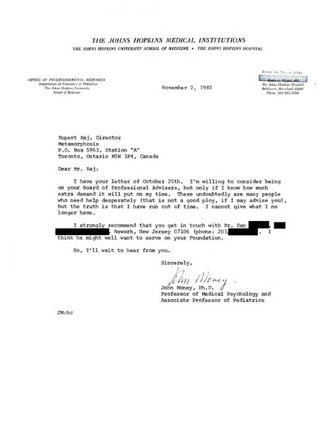 Download the full-sized image of Letter from John Money to Rupert Raj (November 2,  1982)