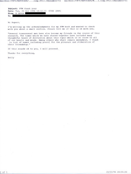 Download the full-sized image of Letter from Holly Devor to Rupert Raj (October 22, 1996)