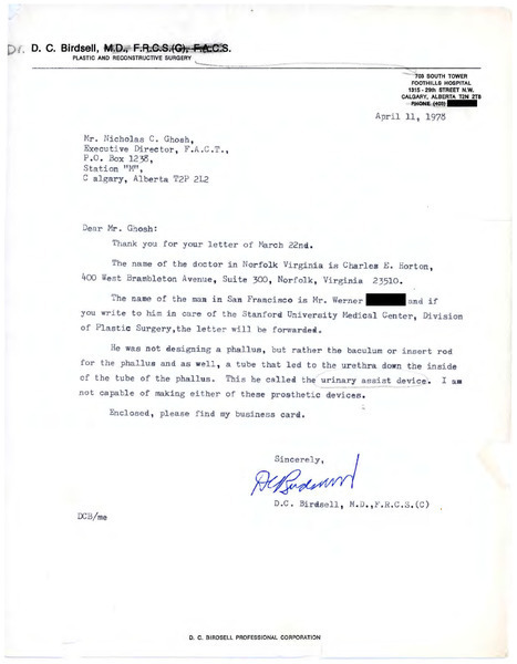 Download the full-sized image of Letter from Dr. D.C. Birdsell to Rupert Raj (April 11, 1978)