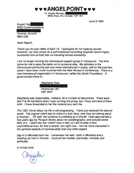 Download the full-sized image of Letter from Dr. Angela Wensley to Rupert Raj (August 1, 1994)