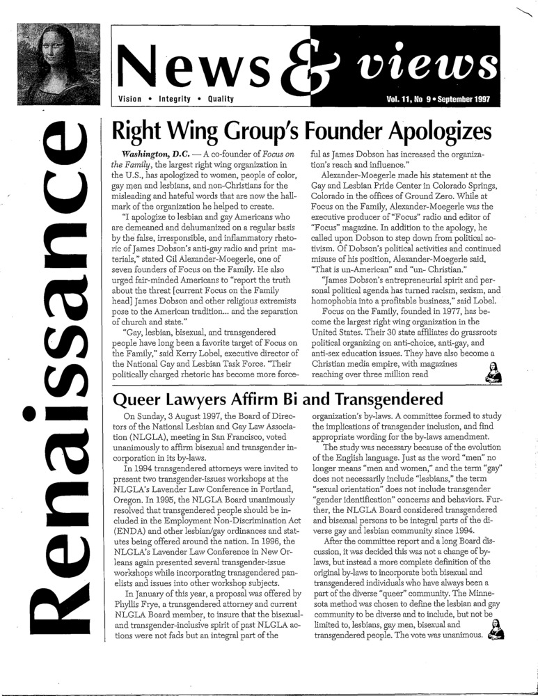 Download the full-sized PDF of Renaissance News & views, Vol. 11 No. 9 (September 1997)