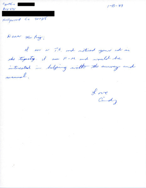 Download the full-sized image of Letter from Cynthia to Rupert Raj (January 13, 1989)