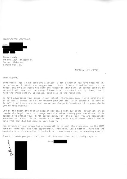 Download the full-sized image of Letter from Jean [redacted] to Rupert Raj (November 19, 1989)