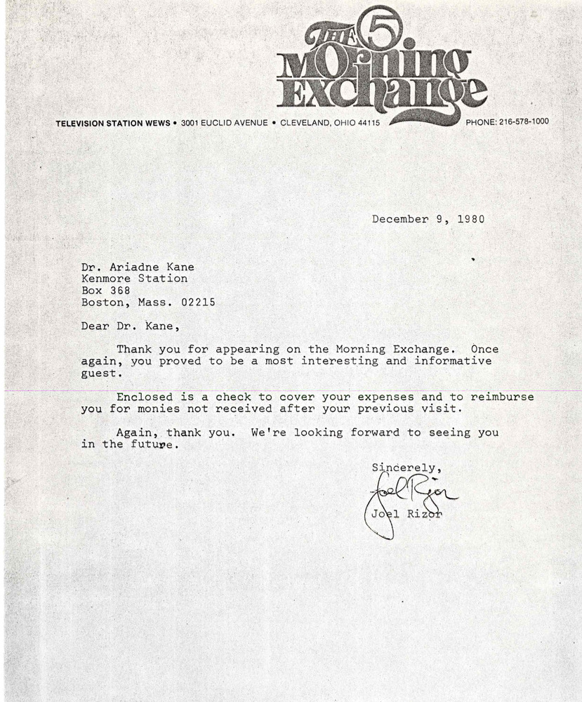 Download the full-sized PDF of Letter from Joel Rizor to Ariadne Kane, December 9, 1980