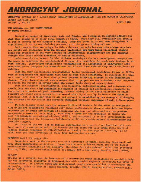 Download the full-sized image of Androgyny Journal, Volume 1, Number 6, April 1978
