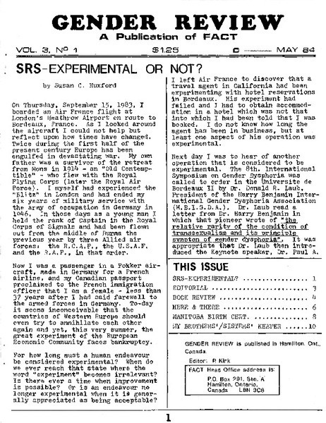Download the full-sized image of Gender Review, Vol. 3, No. 1 (May 1984)