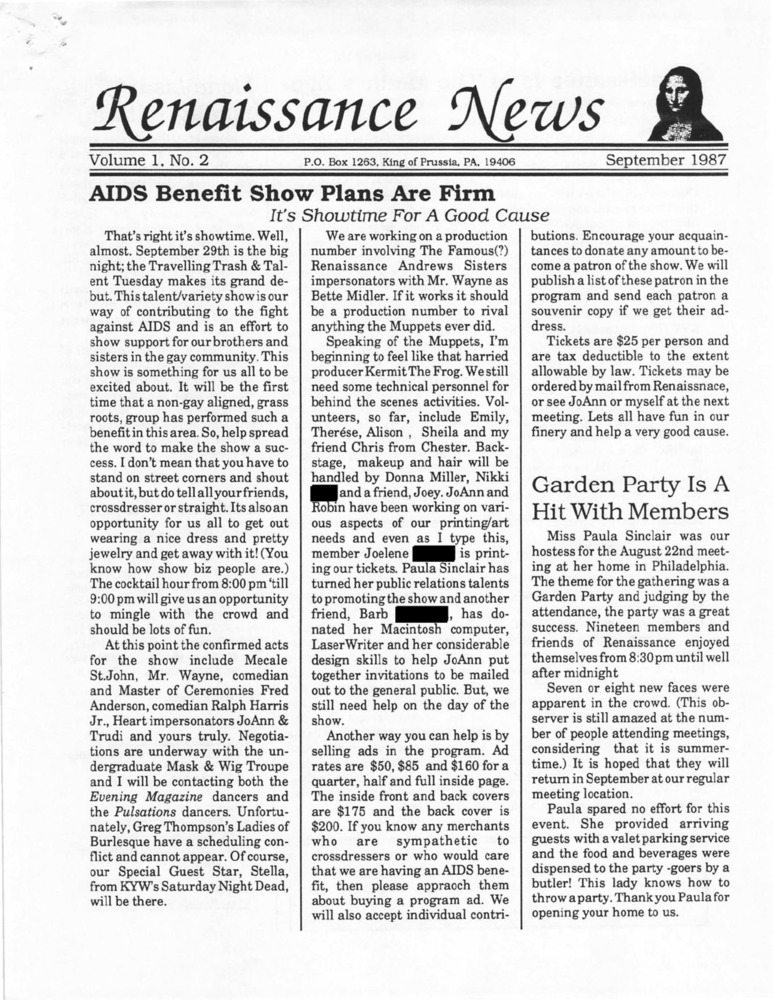 Download the full-sized PDF of Renaissance News, Vol. 1 No. 2 (September 1987)