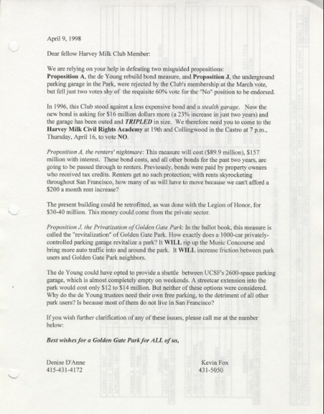 Download the full-sized image of Letter to Harvey Milk Club Members from Denise D'Anne