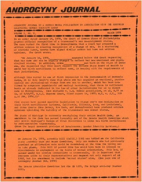Download the full-sized image of Androgyny Journal, Volume 1, Number 5, March 1978
