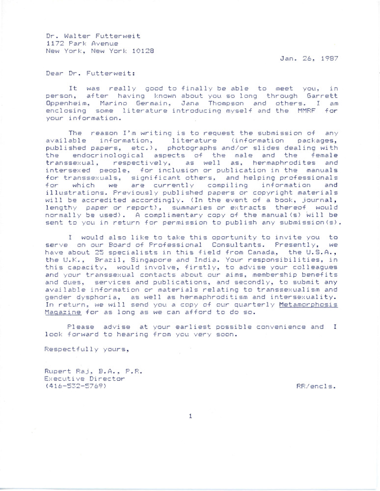 Download the full-sized PDF of Letter from Rupert Raj to Dr. Walter Futterweit (January 26, 1987)