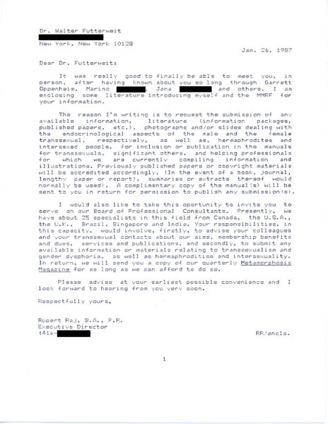 Download the full-sized PDF of Letter from Rupert Raj to Dr. Walter Futterweit (January 26, 1987)