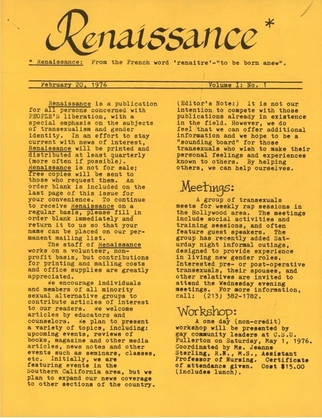 Download the full-sized image of Renaissance, Vol. 1, No. 1, 1976-02-20