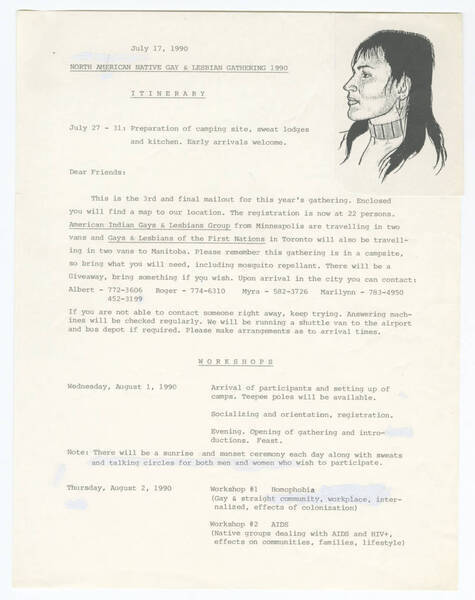 Download the full-sized image of Itinerary for the North American Native Gay and Lesbian Gathering, 1990