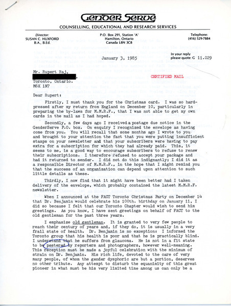 Download the full-sized image of Letter from Susan C. Huxford to Rupert Raj (January 3, 1985)