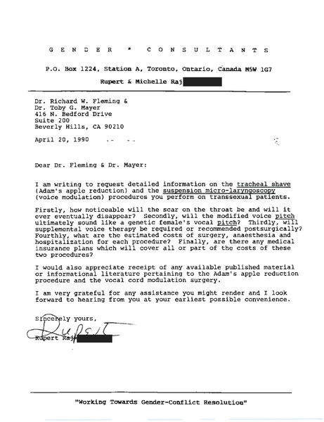 Download the full-sized image of Letter from Rupert Raj to Dr. Richard W. Fleming & Dr. Toby G. Mayer (April 20, 1990)