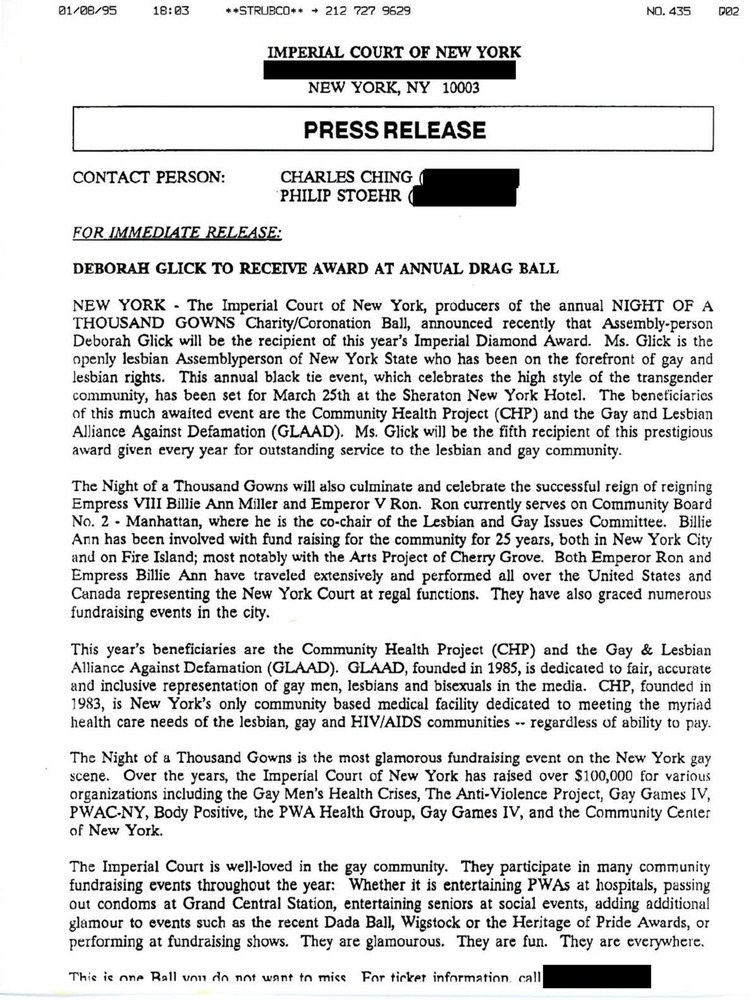 Download the full-sized PDF of Press Release for Night of a Thousand Gowns 1995