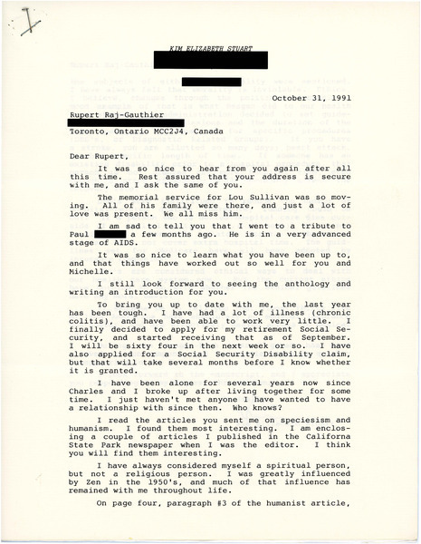 Download the full-sized image of Letter from Kim E. Stuart to Rupert Raj (October 31, 1991)