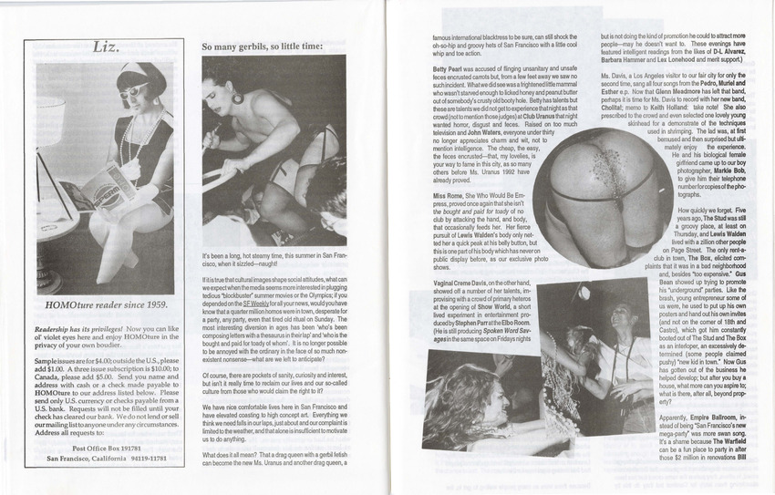 Download the full-sized PDF of Nightclub and Drag Show Reviews from HOMOture No. 5 (Summer 1992)
