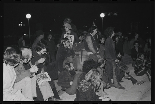 Download the full-sized image of Photographs of Sylvia Rivera Seated and Surrounded by Protestors at the Weinstein Hall Demonstration