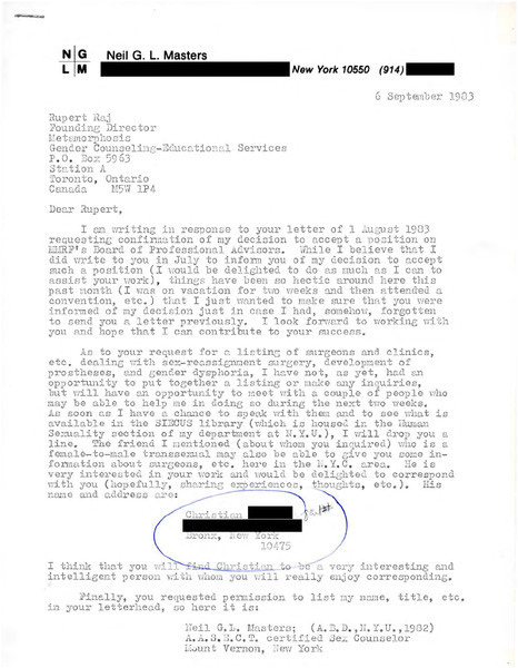 Download the full-sized image of Letter from Neil G.L. Masters to Rupert Raj (Sep. 3, 1983)