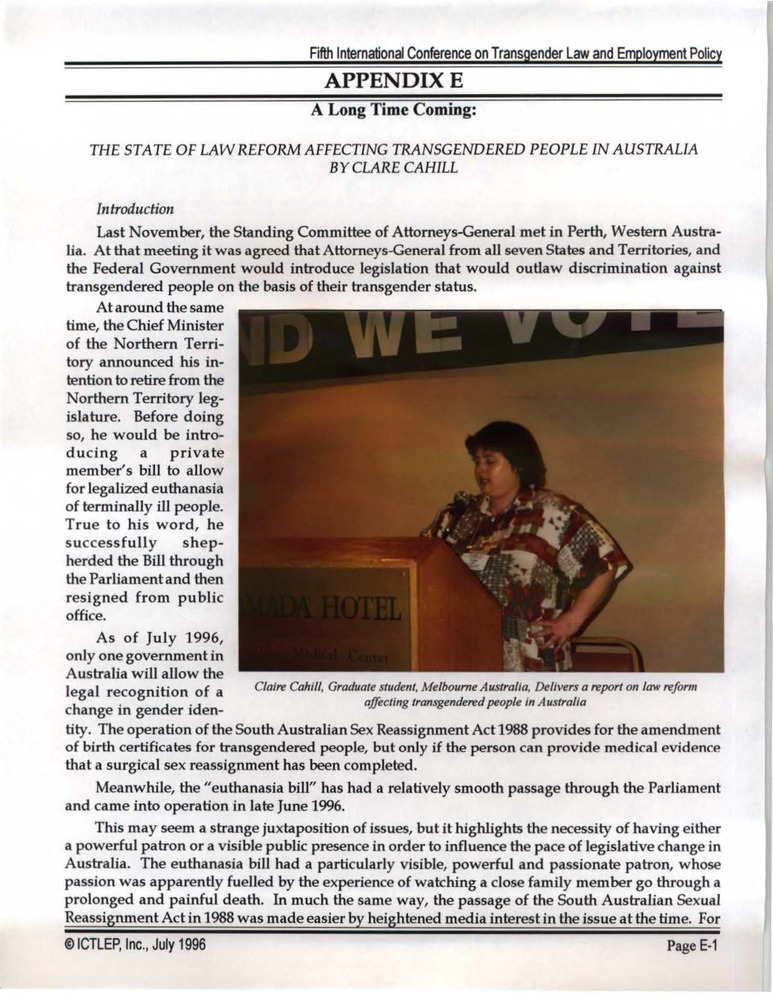 Download the full-sized PDF of Appendix E: A Long Time Coming: The State of Law Reform Affecting Transgendered People in Australia