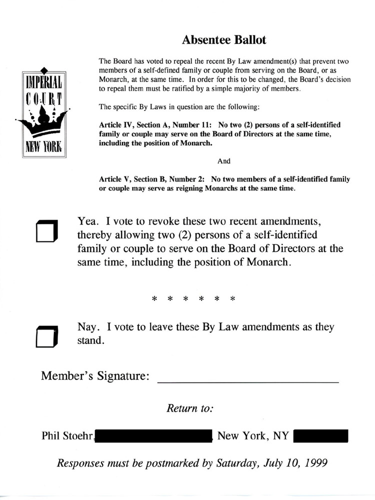 Download the full-sized PDF of The Imperial Court of New York: Absentee Ballot