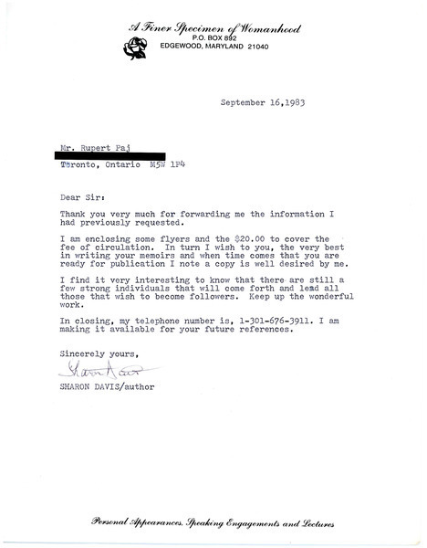 Download the full-sized image of Letter from Sharon Davis to Rupert Raj (September 16, 1983)