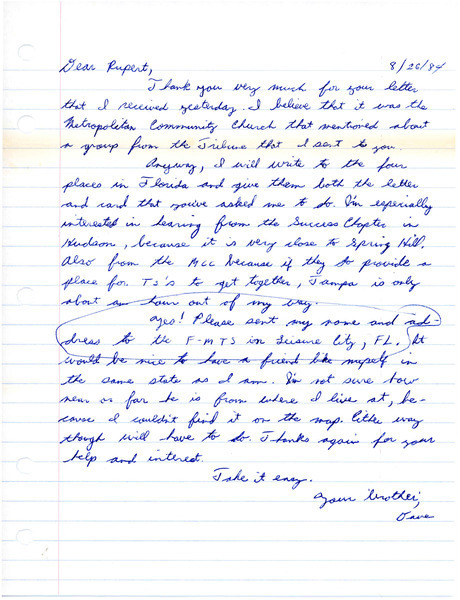 Download the full-sized image of Letter from David to Rupert Raj (August 26, 1984)