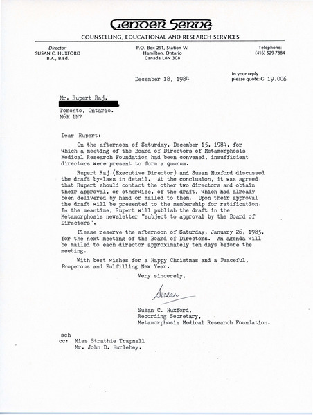 Download the full-sized image of Letter from Susan Huxford to Rupert Raj (December 18, 1984)